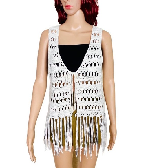 Unbranded Tops - Crochet Knit Fringe Top Womens Medium White Vest Tie Front Cottage Boho